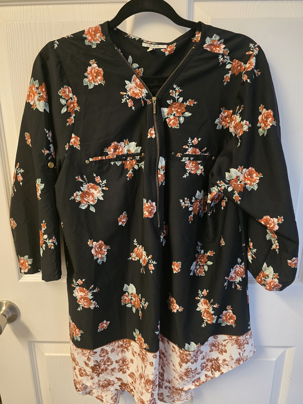 Black Floral Zip-Front Tunic with Orange Accent